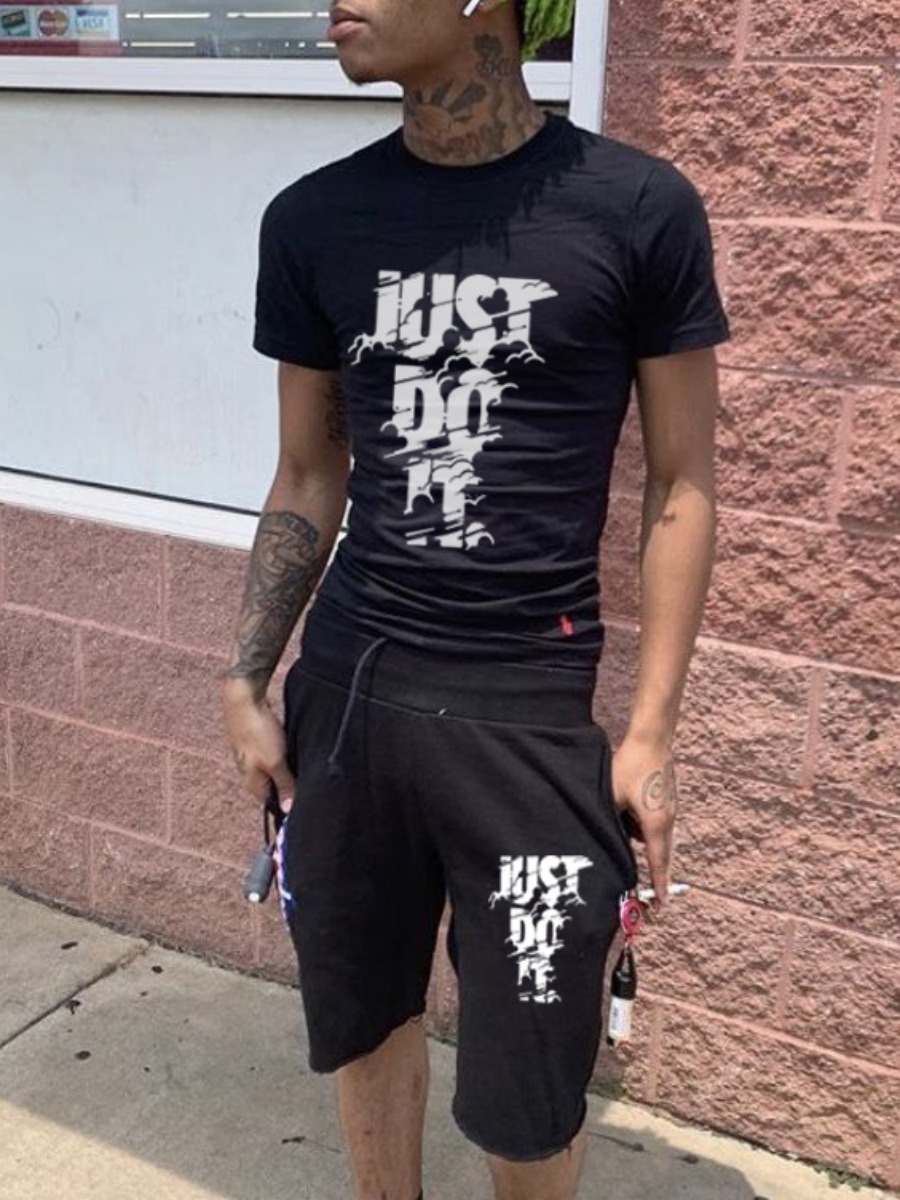 LovelyWholesale Men Just Do It Letter Print Shorts Set Summer Short Sleeve Casual Print Round Neck Spring Summer 2024