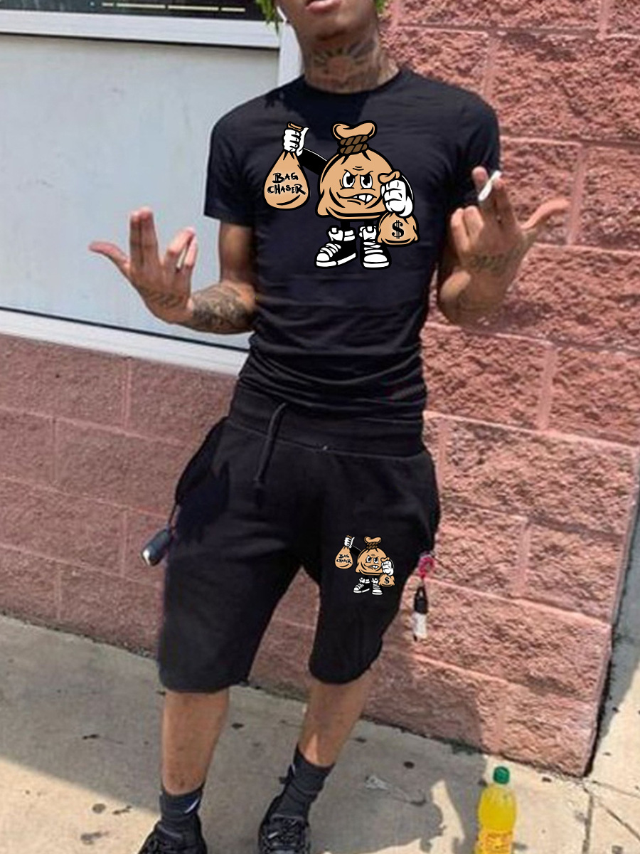 LovelyWholesale Men Cartoon Print Drawstring Shorts Set Summer Short Sleeve Casual Drawstring Round Neck Spring Summer 2024