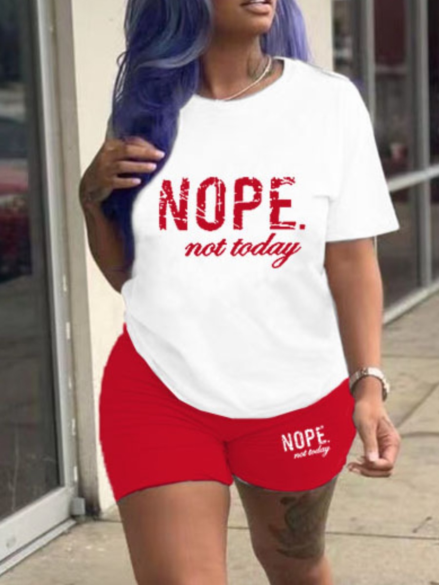 LovelyWholesale Plus Size Nope Not Today Letter Print Shorts Set Summer Short Sleeve Casual Pattern Round Neck  5X Spring Summer 2024
