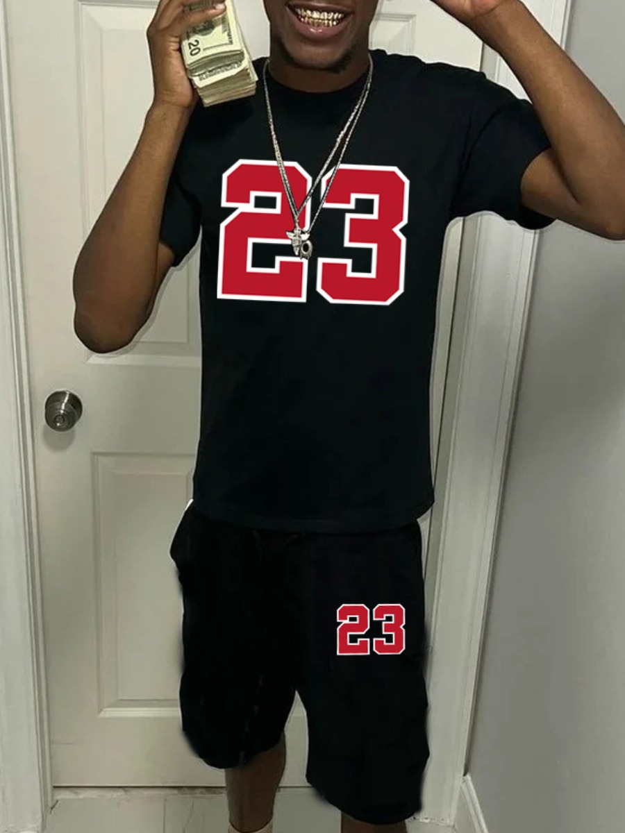 LovelyWholesale Men Number 23 Print Drawstring Shorts Set Summer Short Sleeve Casual Print Round Neck Spring Summer 2024