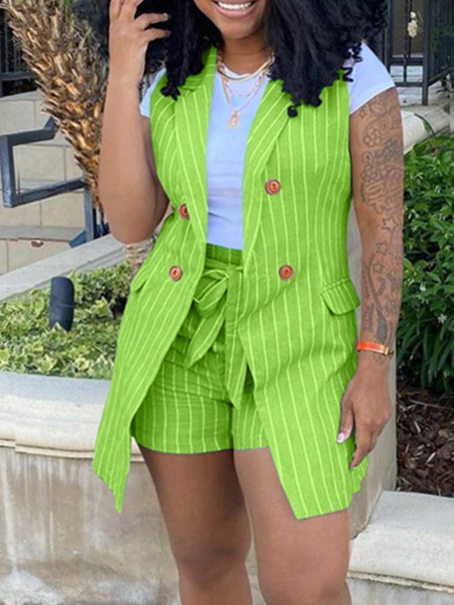 LovelyWholesale Plus Size Bandage Design Striped Shorts Set Summer Sleeveless Business Bandage Design Lapel Neck  3X Spring Summer 2024