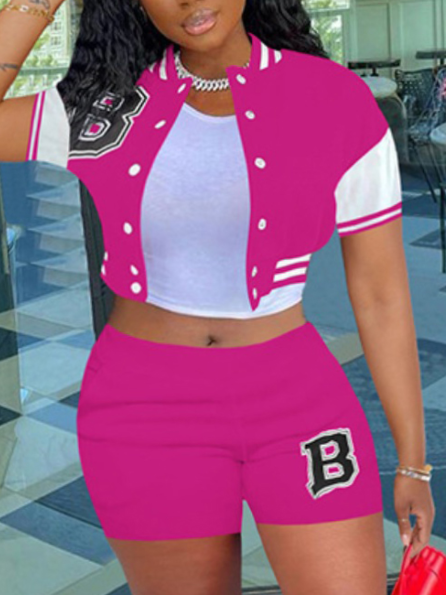 LovelyWholesale Plus Size Crop Top Letter Decor Striped Shorts Set Summer Short Sleeve Street Patchwork Mandarin Collar  4X Spring Summer 2024