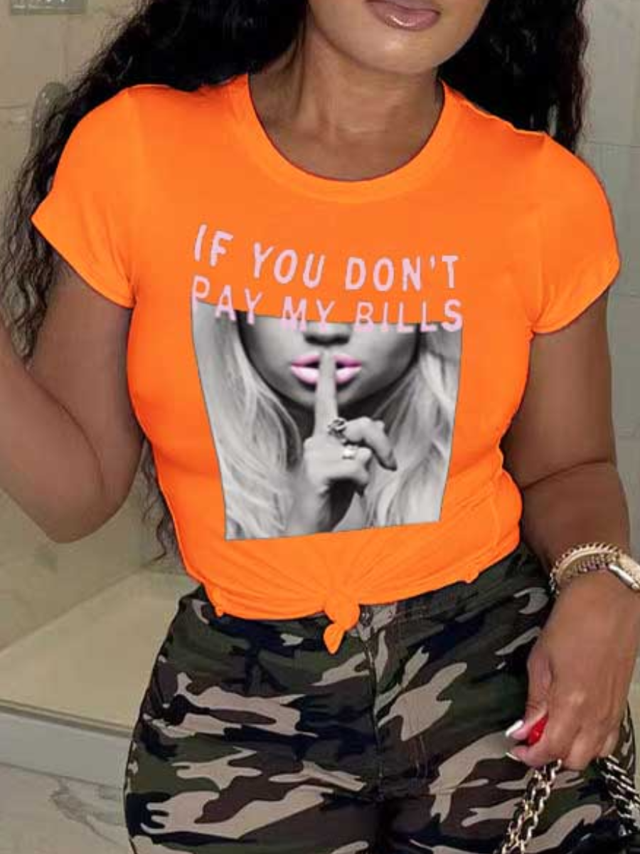 LovelyWholesale Plus Size Figure Letter Print T-shirt Summer Short Sleeve Casual Round Neck  5X Spring Summer 2024