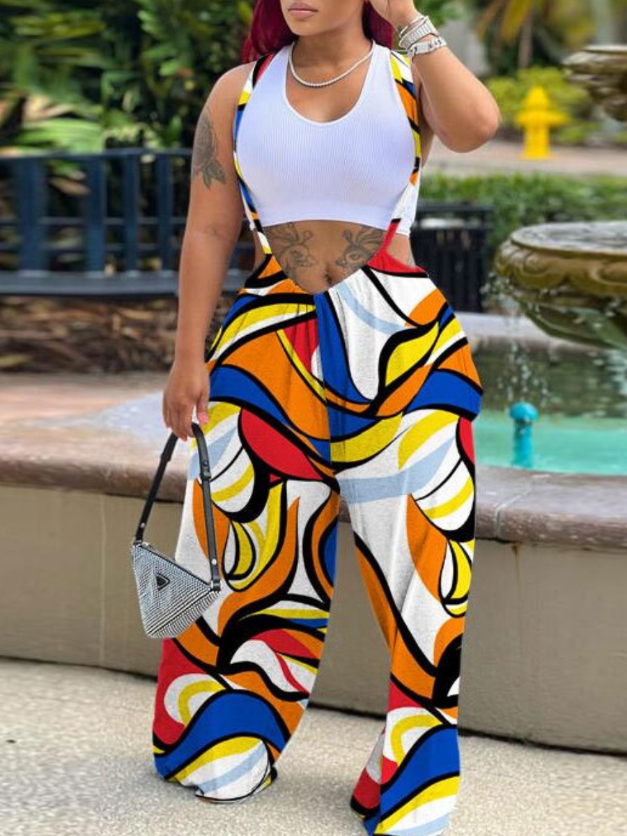 LW Plus Size Mixed Print Wide Leg Overall Jumpsuit