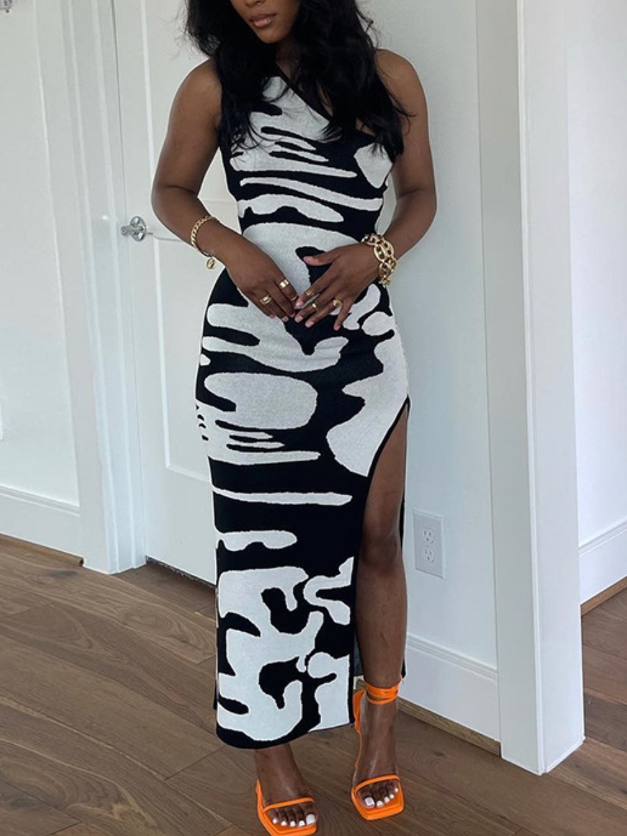LovelyWholesale One Shoulder Print Thigh Slit Dress Summer Sleeveless Street Pattern One Shoulder Spring Summer 2024