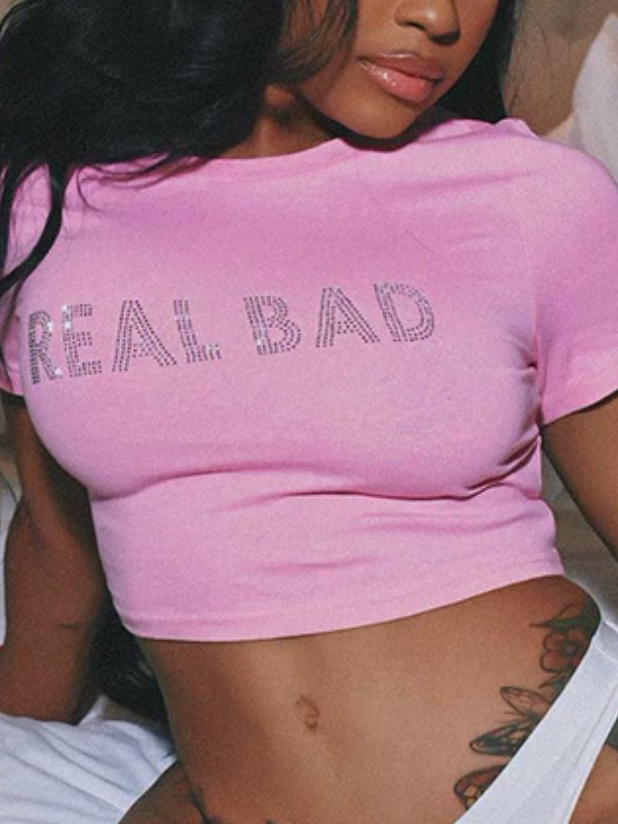 LW Crop Top Rhinestone Letter T-shirt