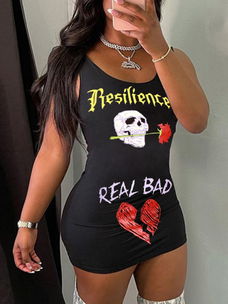 LW Skull Head Floral Letter Print Cami Dress