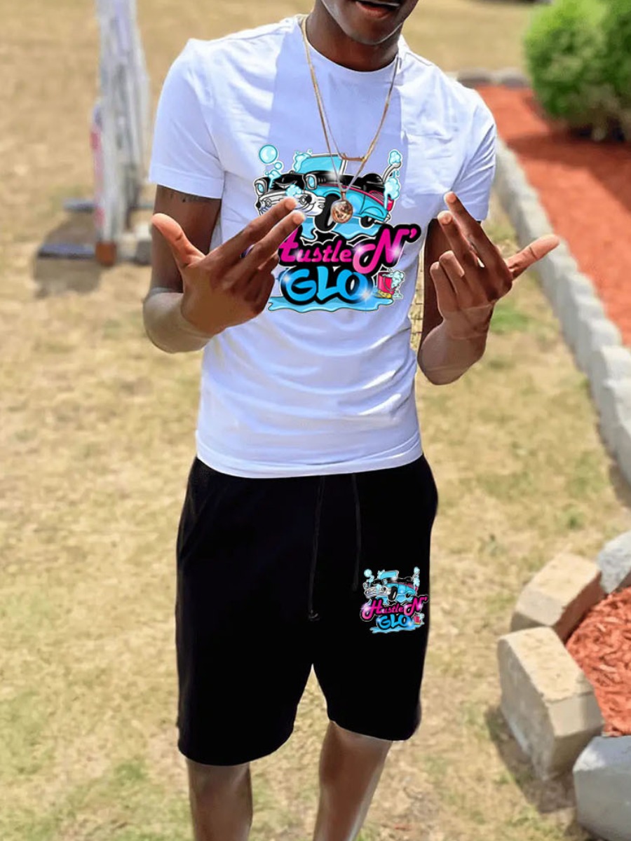 LovelyWholesale Men Cartoon Letter Print Drawstring Shorts Set Summer Short Sleeve Casual Print Spring Summer 2024