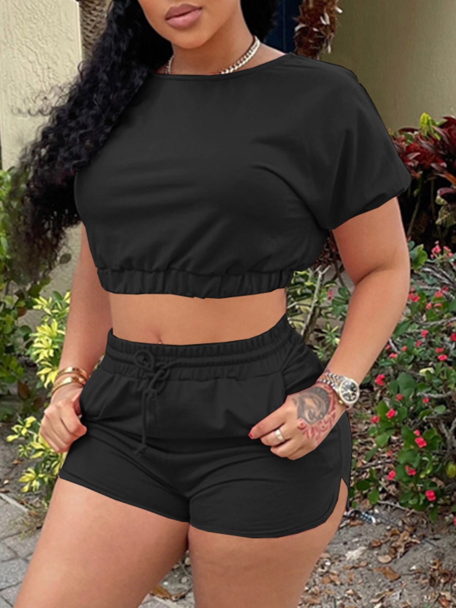 LovelyWholesale Crop Top Drawstring Shorts Set Summer Short Sleeve Casual Basic Round Neck Spring Summer 2024