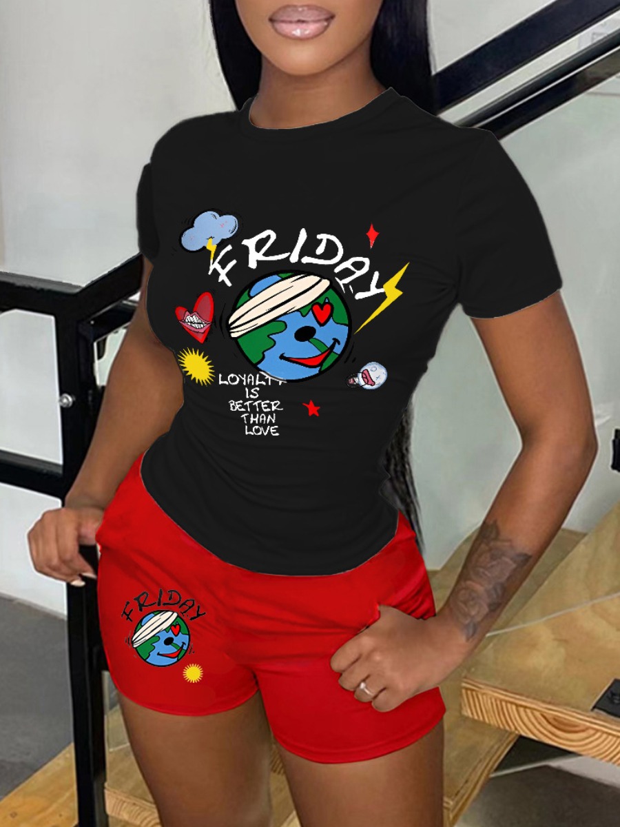 LW Cartoon Loyalty Is Better Than Love Letter Print Shorts Set