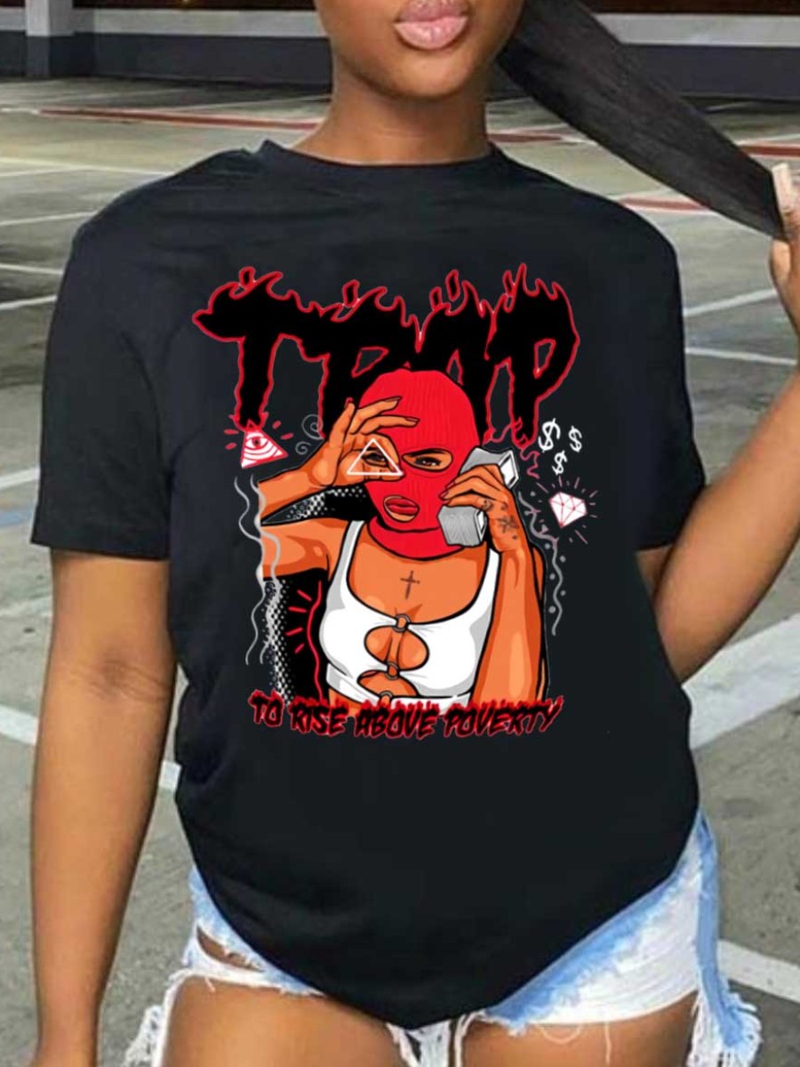 LovelyWholesale Masked Face Letter Print T-shirt Summer Short Sleeve Casual Pattern Round Neck Spring Summer 2024