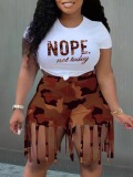 LW Plus Size Camo Letter Print Tassel Design Shorts Set