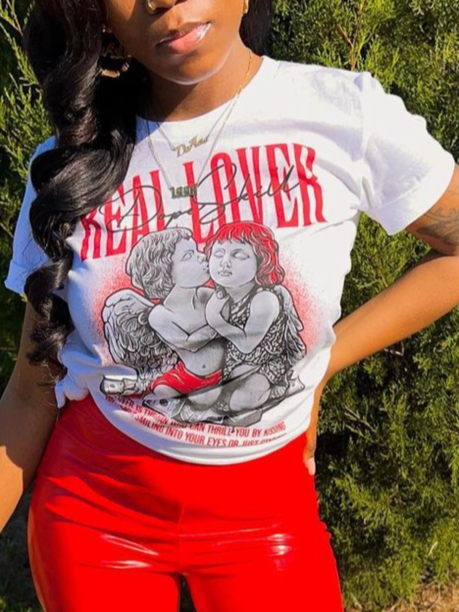 LovelyWholesale Angel Figure Letter Print T-shirt Summer Short Sleeve Casual Round Neck Spring Summer 2024