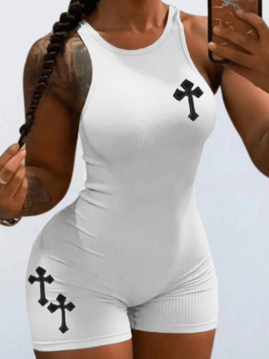 LW Cross Decor Rib Knit Cami Romper