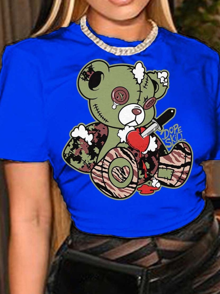 LovelyWholesale Teddy Bear Letter Print T-shirt Summer Short Sleeve Casual Round Neck Spring Summer 2024