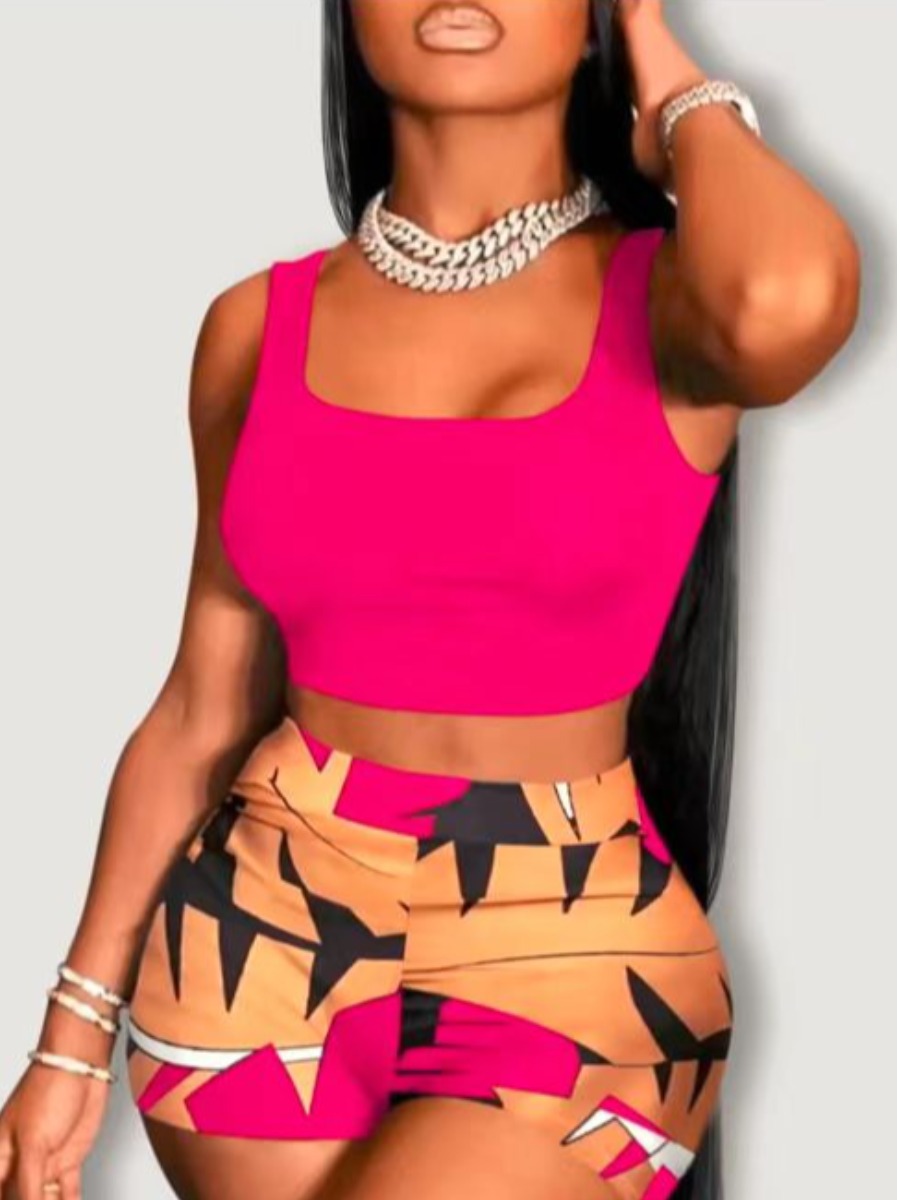 LW Plus Size Crop Top Geometric Print Shorts Set