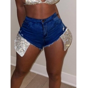 LW Ripped Raw Edge Sequined Pocket Denim Shorts