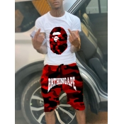 LW Men Camo Letter Print Drawstring Shorts Set