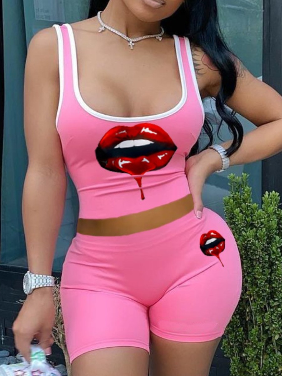 LovelyWholesale Plus Size Crop Top Lip Print Shorts Set Summer Sleeveless Casual  5X Spring Summer 2024