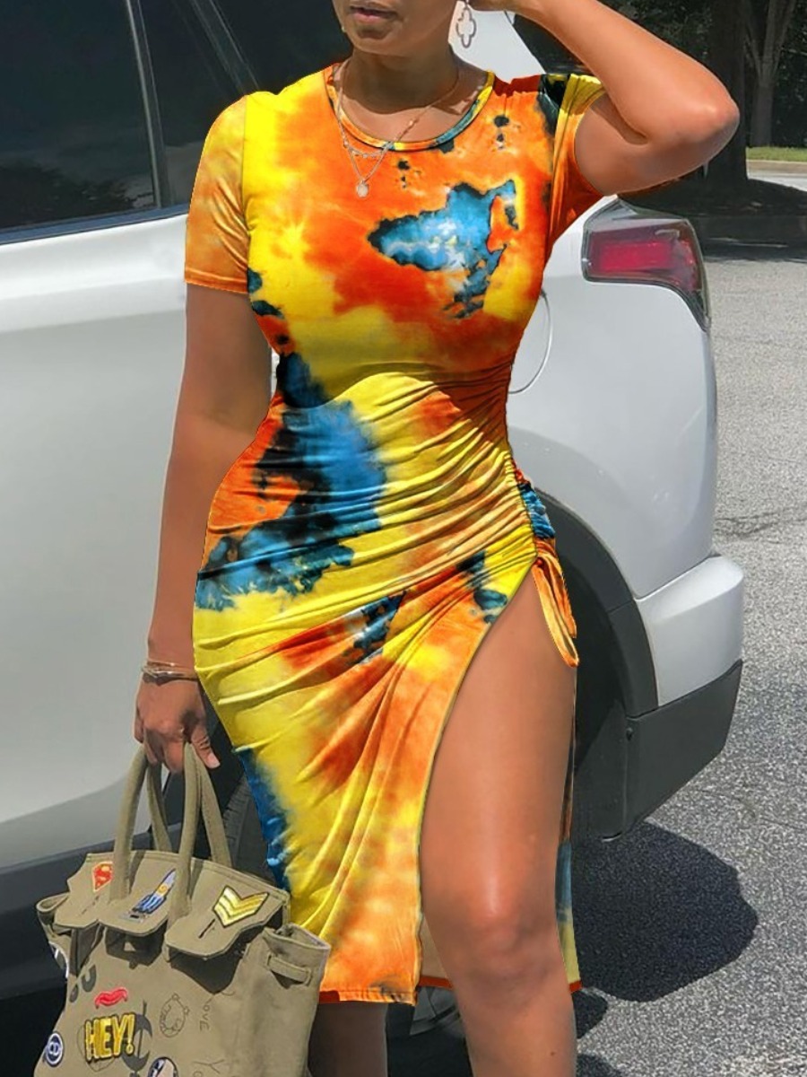 LW Tie Dye Thigh Slit Drawstring Bodycon Dress