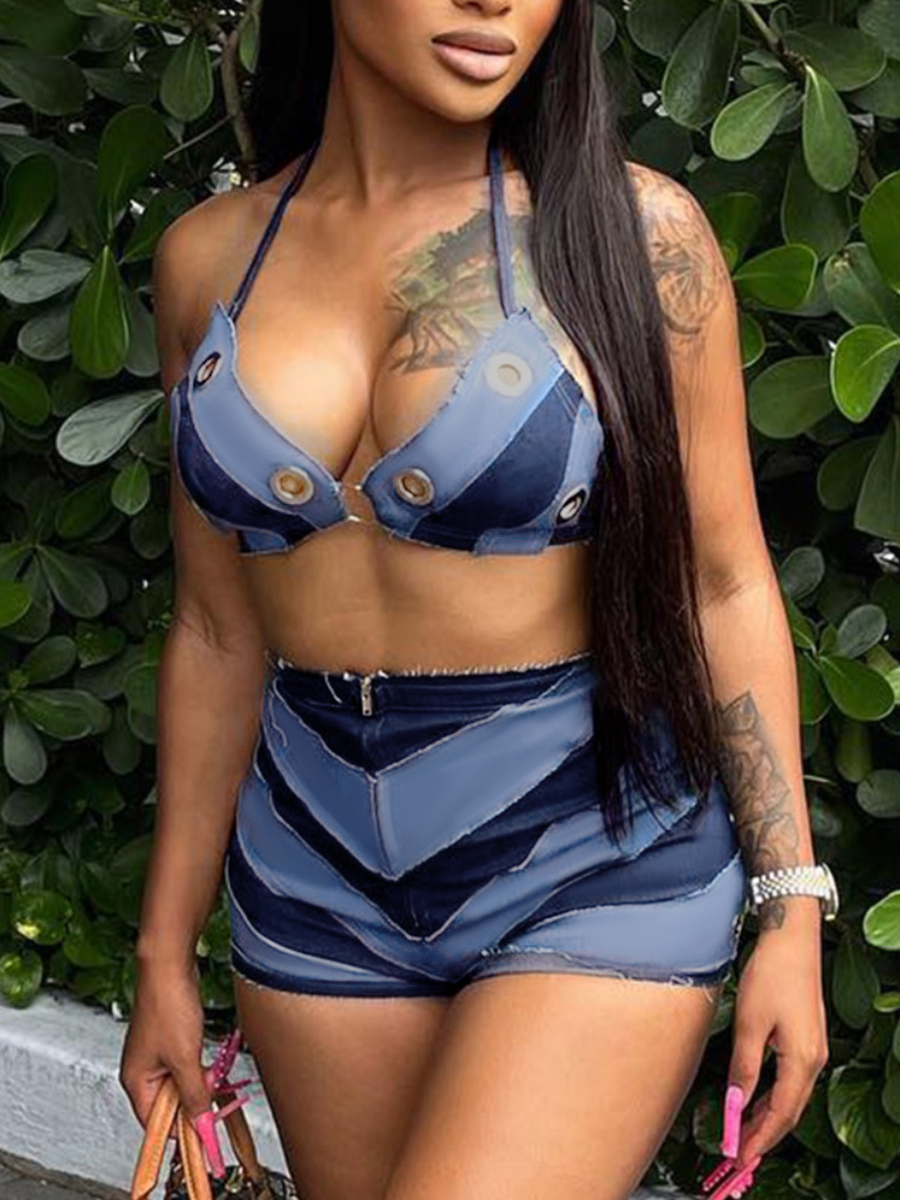 LovelyWholesale Bra Raw Edge Patchwork Shorts Set Summer Sleeveless Casual Patchwork U Neck Spring Summer 2024
