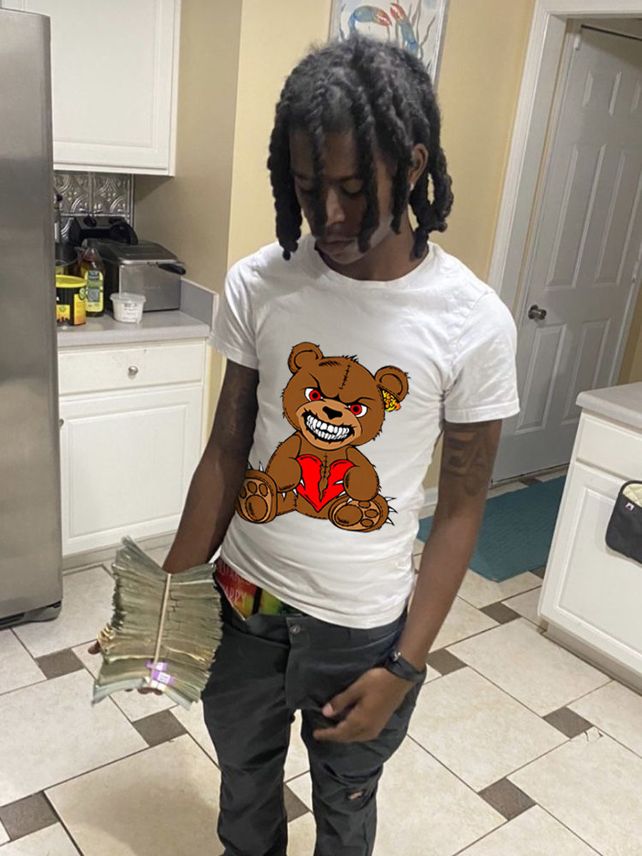 LW Men Bear Cartoon Broken Heart Print T-shirt