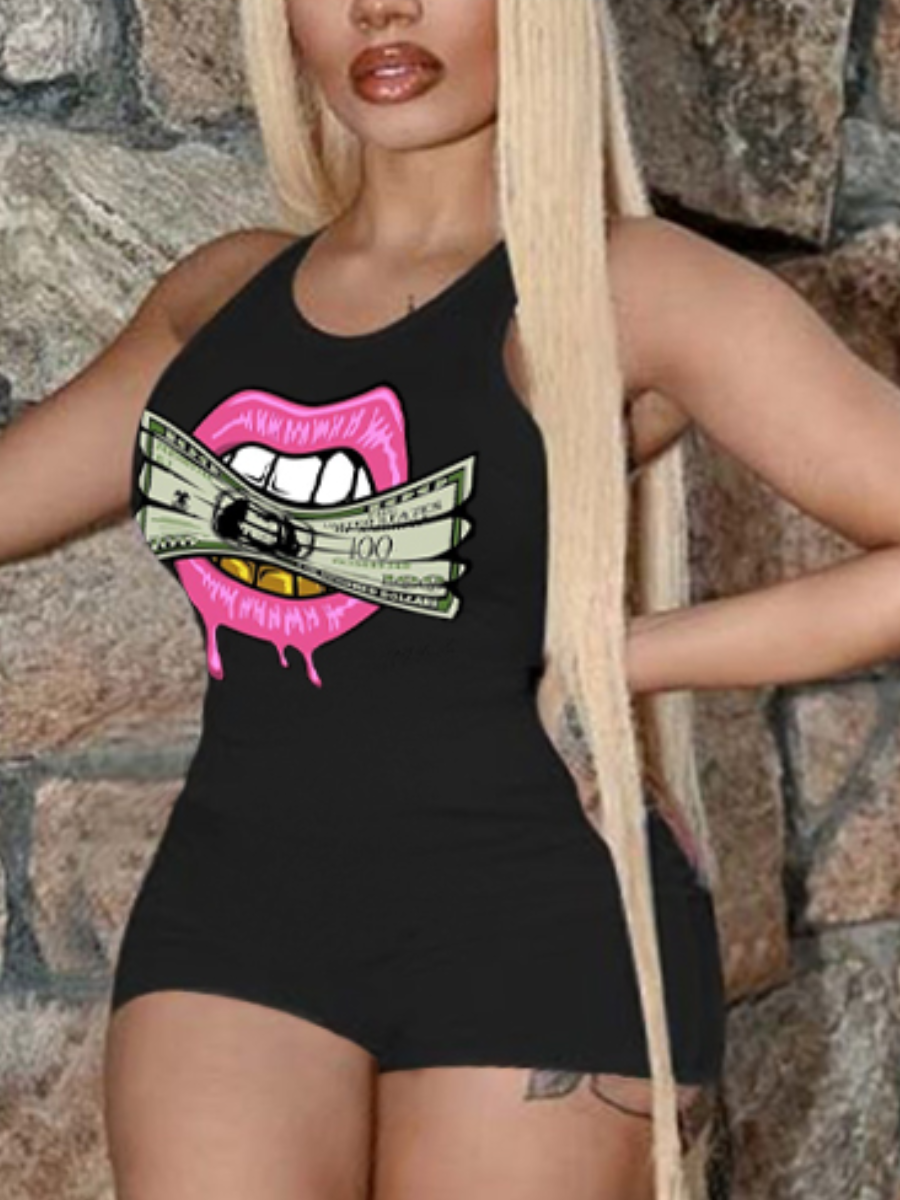 LW Plus Size Money Lip Print Rib Knit Romper