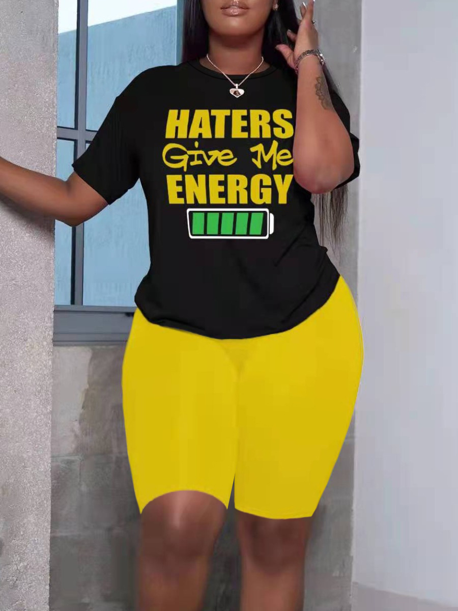 LovelyWholesale Plus Size Haters Give Me Energy Letter Print Shorts Set Summer Short Sleeve Casual Round Neck  5X Spring Summer 2024