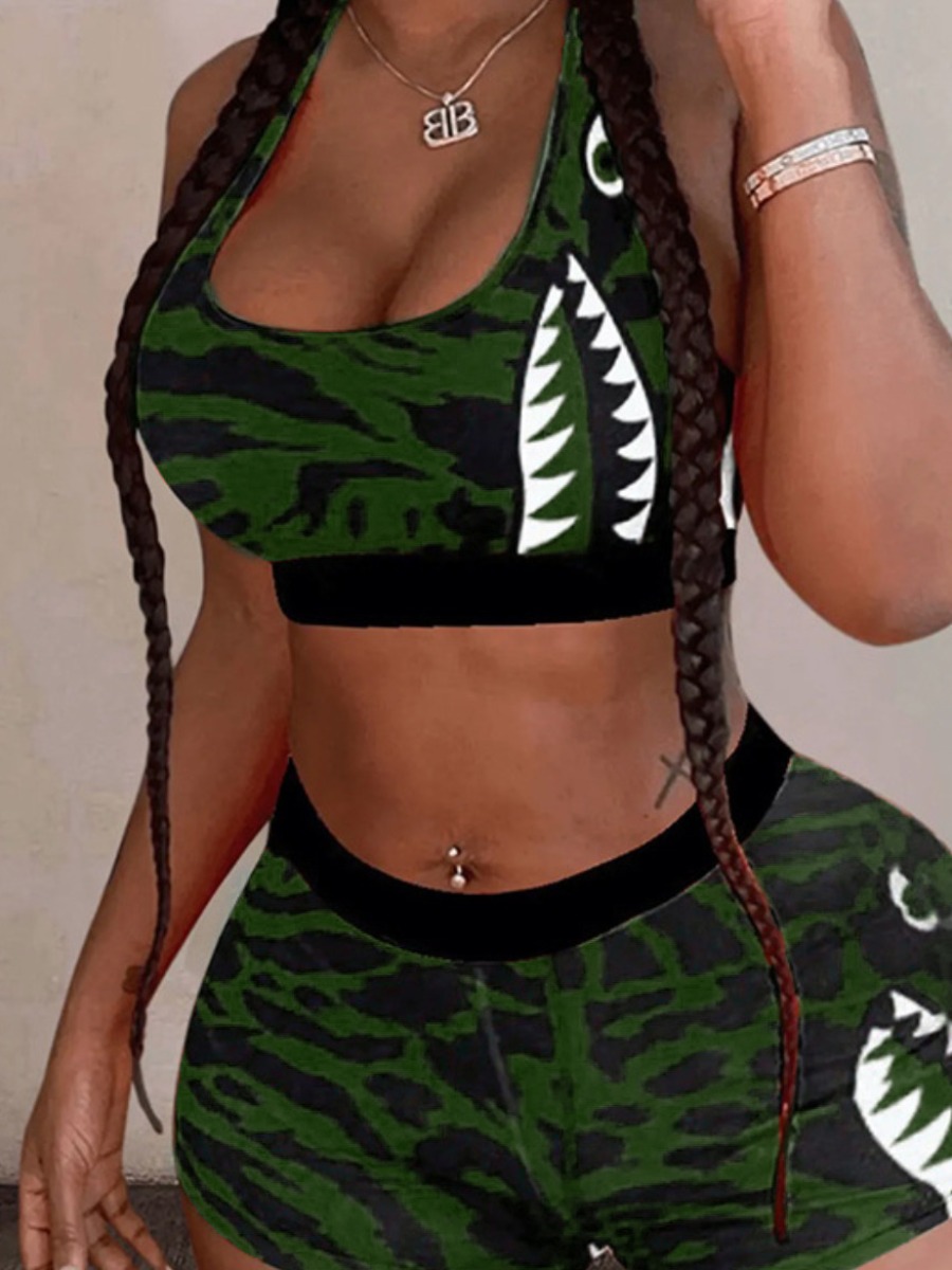 LW Plus Size Crop Top Camo Print Shorts Set