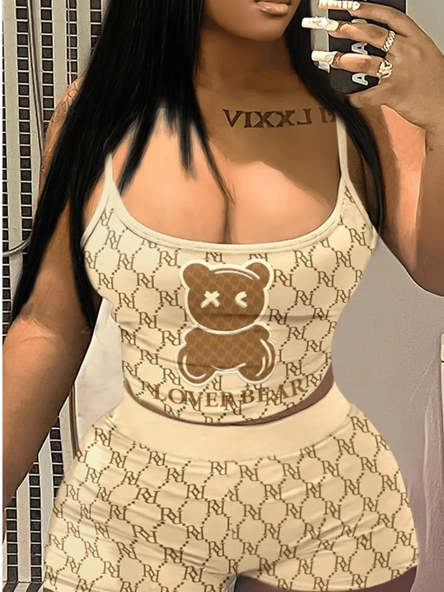 LW Bear Print Cartoon Geometric Print Skinny Short