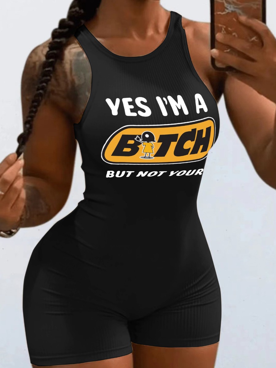 LW Letter Print Rib Knit Cami Romper