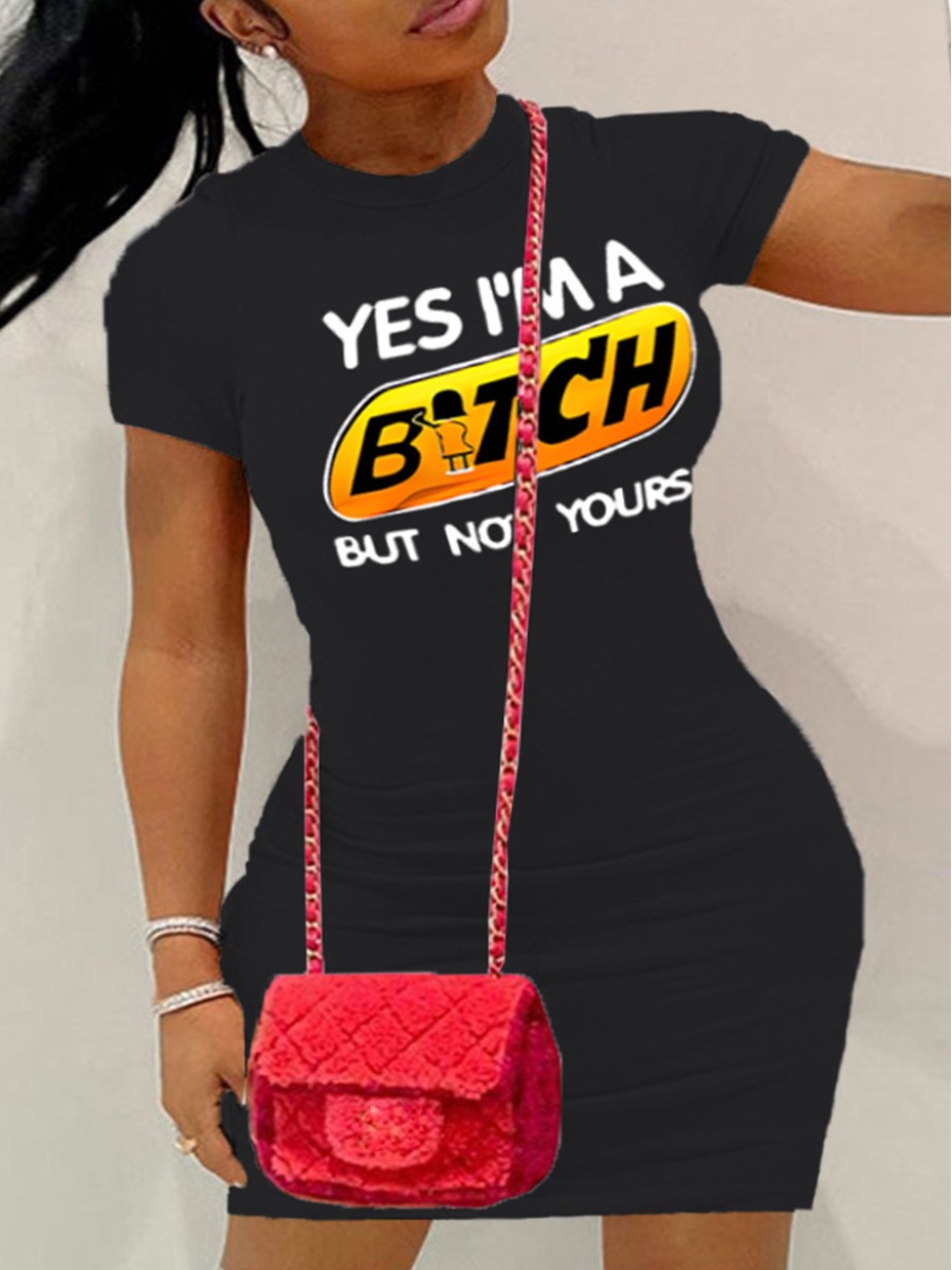 LovelyWholesale Plus Size Letter Print Bodycon Dress Summer Short Sleeve Casual Round Neck  4X Spring Summer 2024