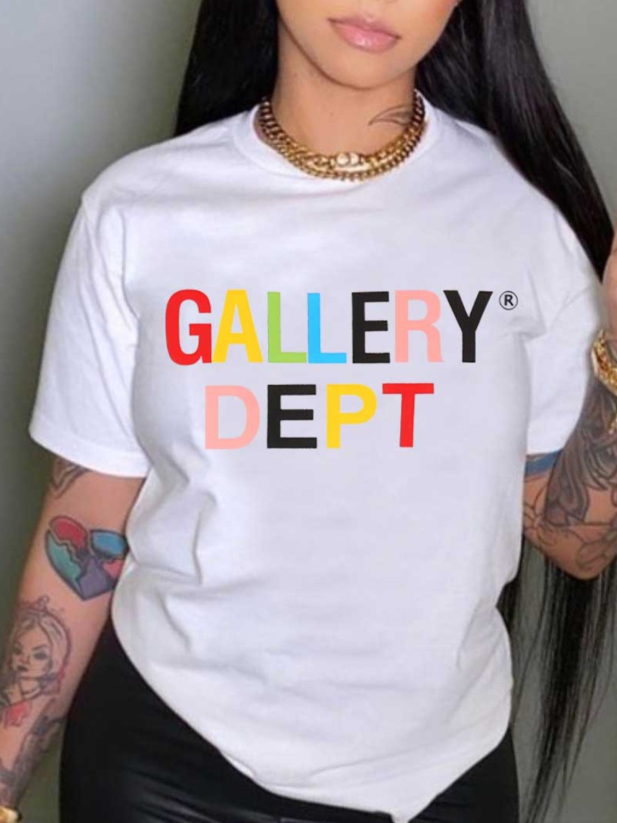 LovelyWholesale Letter Print Patchwork T-shirt Summer Short Sleeve Casual Pattern Round Neck Spring Summer 2024