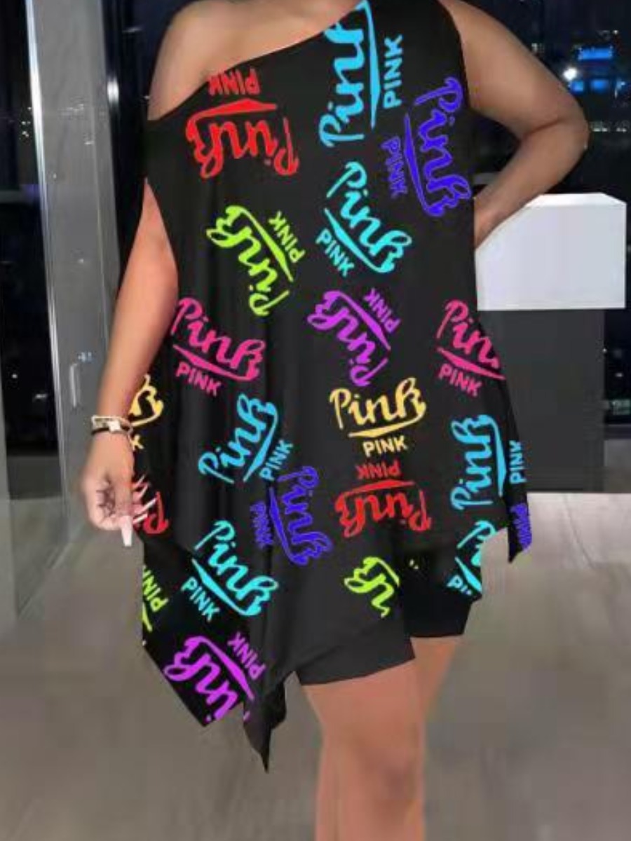 LW Plus Size One Shoulder Pink Letter Print T-shirt 5X