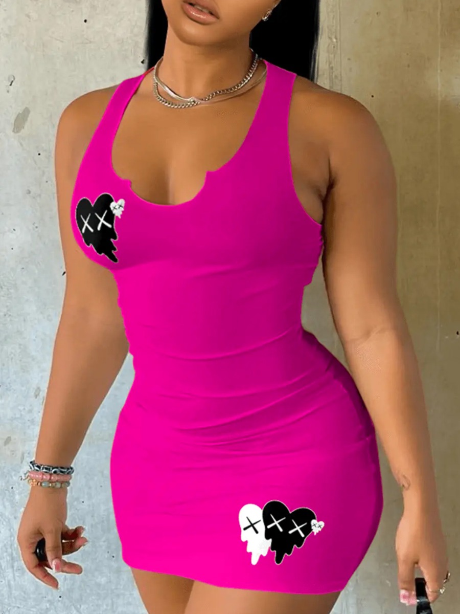 LovelyWholesale Heart Print Bodycon Cami Dress Summer Sleeveless Casual Pattern V Neck Spring Summer 2024