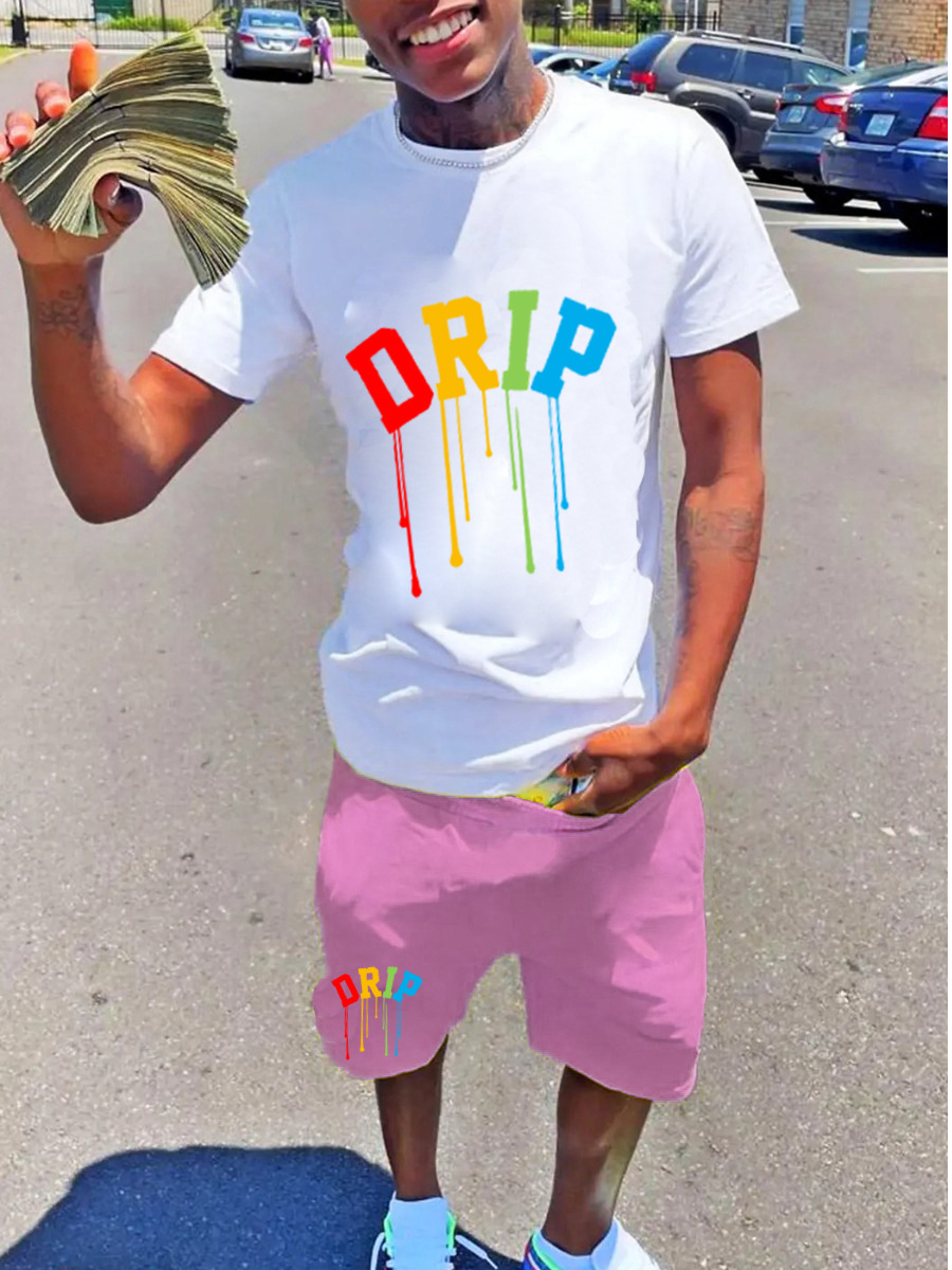 LovelyWholesale Men Drip Letter Print Shorts Set Summer Short Sleeve Casual Spring Summer 2024