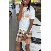LW Men Cartoon Plaid Letter Print Shorts Set