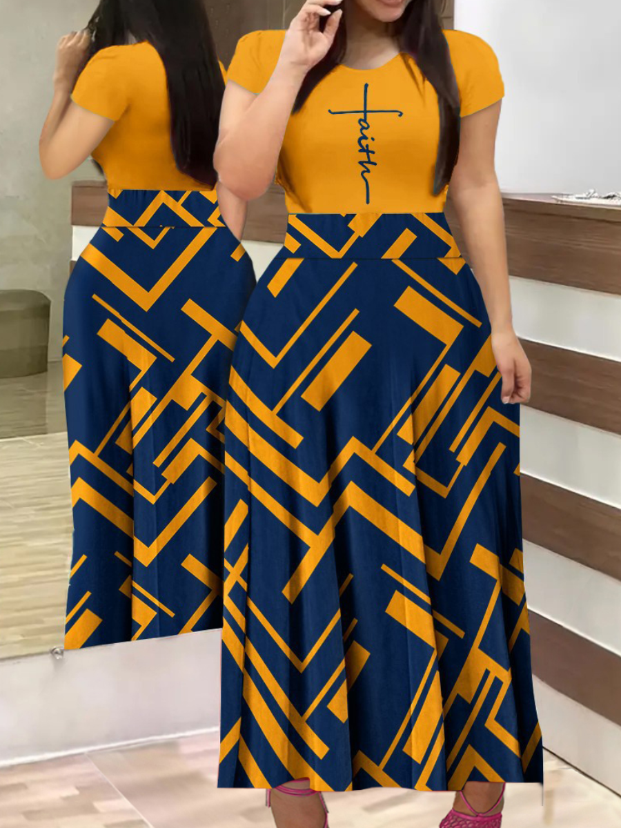 LovelyWholesale Plus Size Geometric Faith Letter Print A Line Dress Summer Short Sleeve Casual Patchwork Round Neck  5X Spring Summer 2024