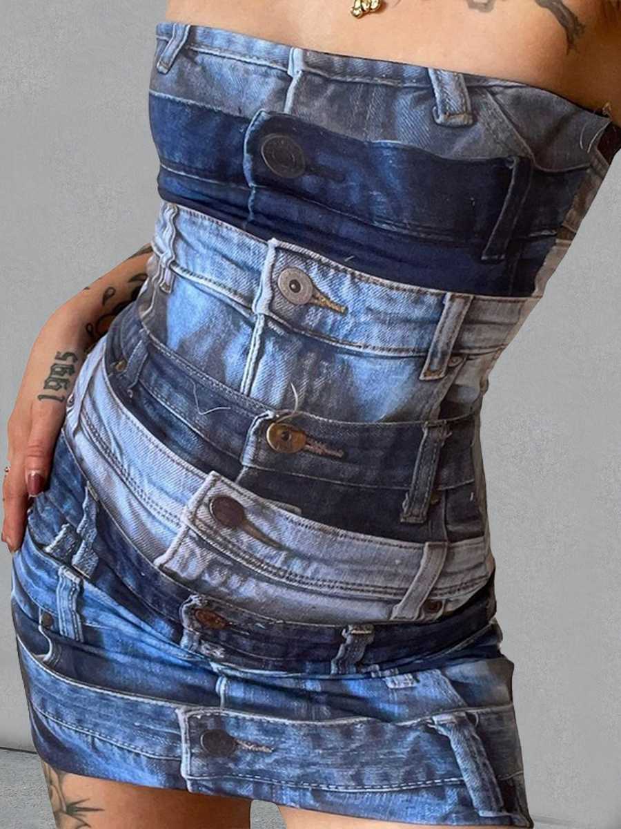 LovelyWholesale SXY Off The Shoulder Button Design Denim Print Dress Summer Sleeveless Sxy Patchwork Strapless Spring Summer 2024