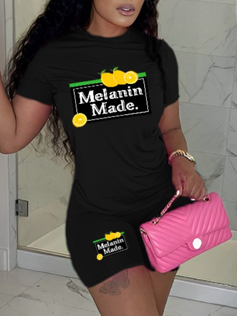 LovelyWholesale Lemon Melanin Letter Print Shorts Set Summer Short Sleeve Casual Pattern Spring Summer 2024