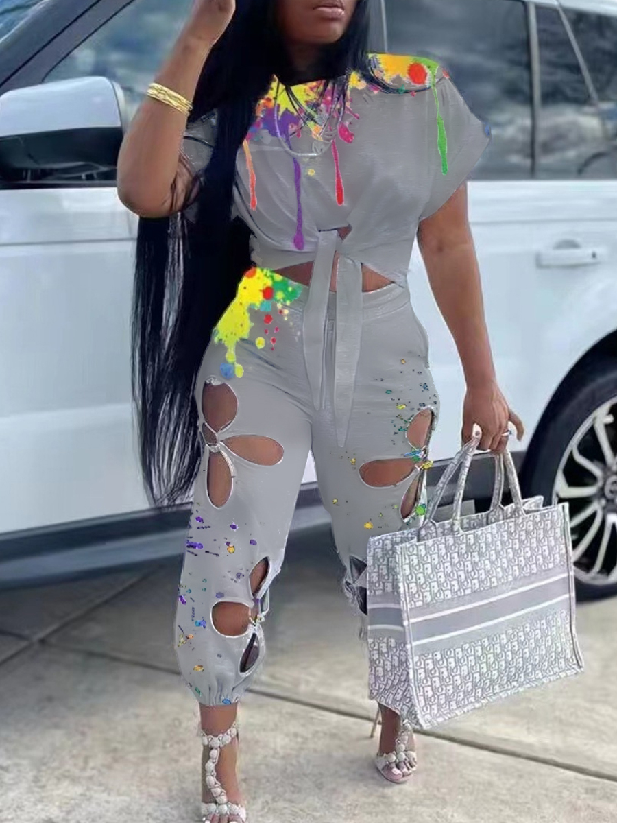 LW Splash Ink Design Cut Out Pants Set
