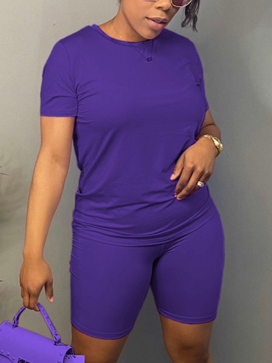 LW BASICS Plus Size Round Neck Regular Fit Shorts Set