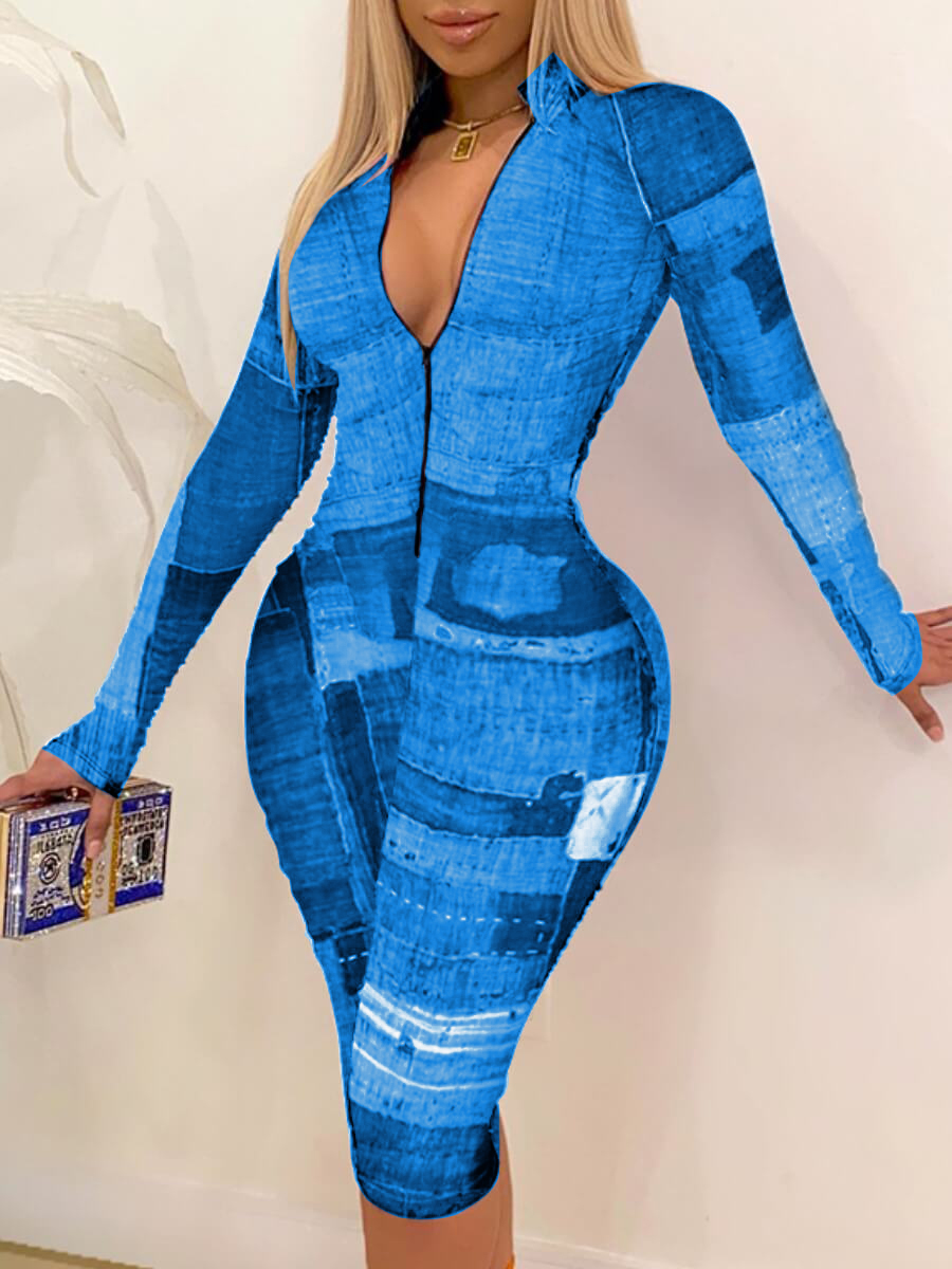 LW Patchwork Zipper Design Bodycon Dress