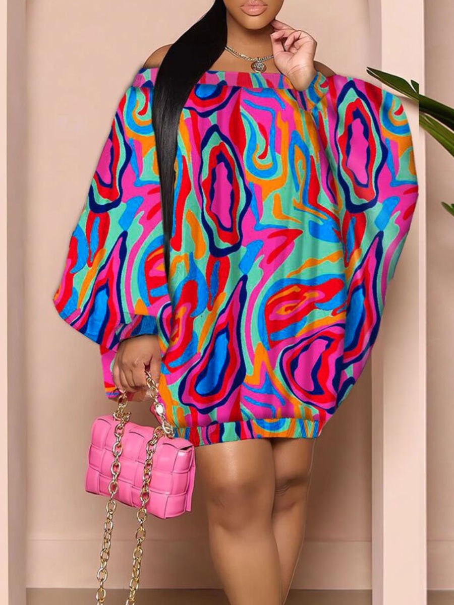 LovelyWholesale Plus Size Off The Shoulder Mixed Print Bubble Dress Fall Long Sleeve Elegant Bateau Neck  3X Spring Summer 2024