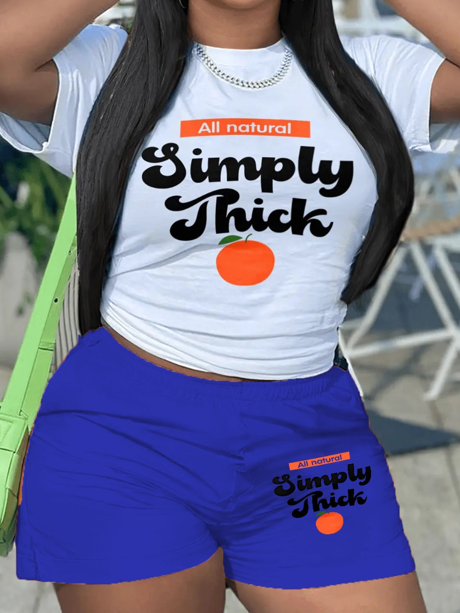 LW Plus Size Orange Fruit Letter Print Shorts Set