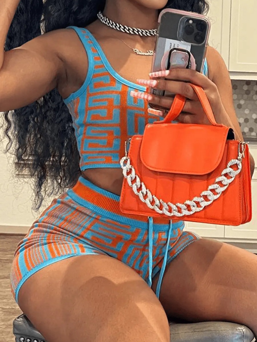 LW Crop Top Geometric Print Drawstring Shorts Set