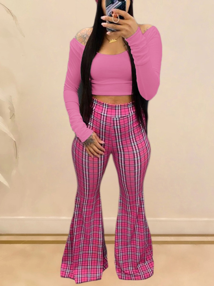 LW BASICS Off The Shoulder Crop Top Plaid Print Pants Set