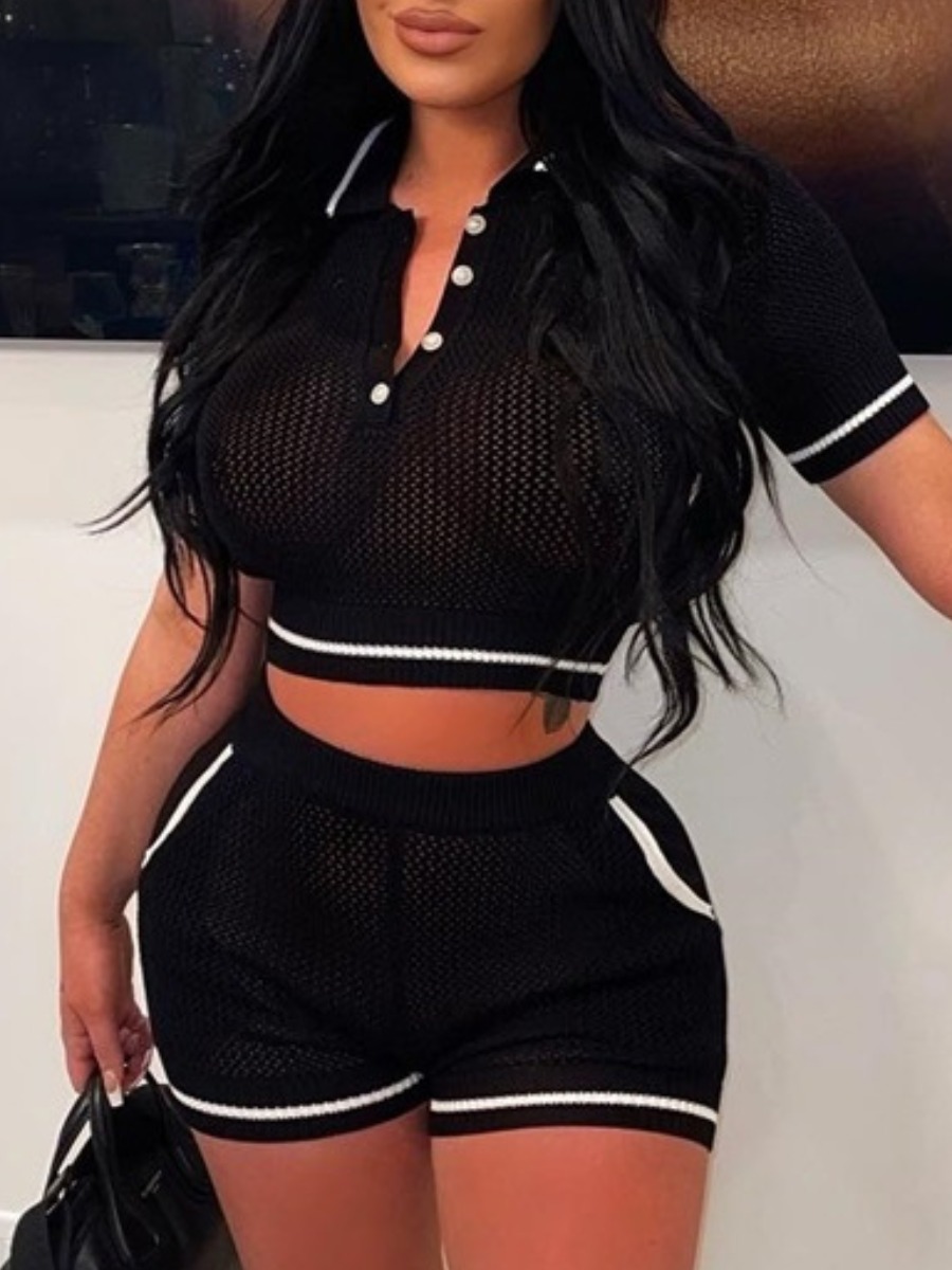 LovelyWholesale SXY Crop Top Mesh Striped Shorts Set Summer Short Sleeve Sxy Turndown Collar Spring Summer 2024