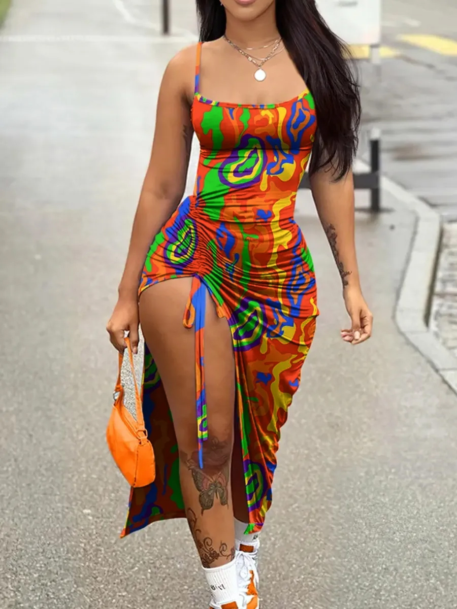 LovelyWholesale SXY Mixed Print Drawstring Thigh Slit Bodycon Dress Summer Sleeveless Sxy Round Neck Spring Summer 2024