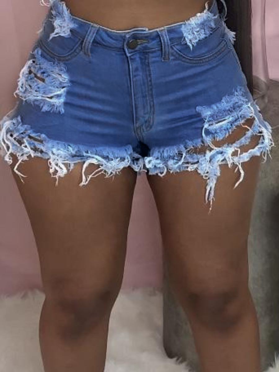 LW Mid Waist High Stretchy Ripped Baby Blue Denim Shorts